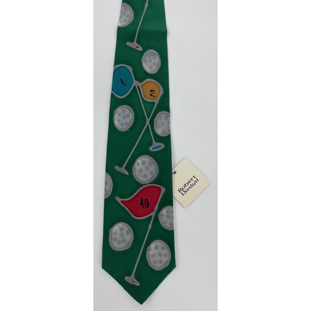 NWT Robert Daskal Mens Tie Necktie Green Silk Hand Painted Lawrence Bransaw Golf